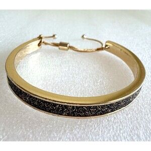Gold Tone Adjustable Bolo Slider Cuff Bracelet Black Gold Glitter Inlay